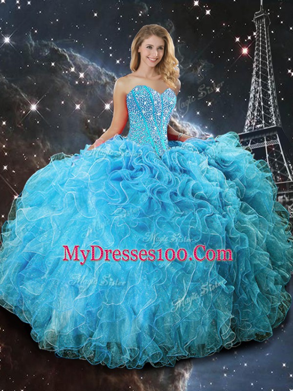 Elegant Sleeveless Floor Length Beading and Ruffles Lace Up 15 Quinceanera Dress with Aqua Blue