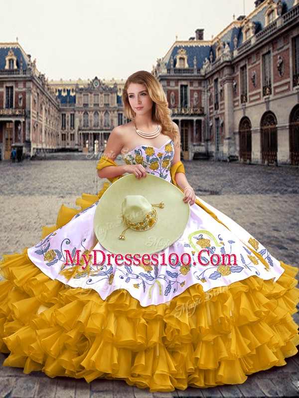 Flirting Organza Sleeveless Floor Length Sweet 16 Quinceanera Dress and Embroidery and Ruffled Layers