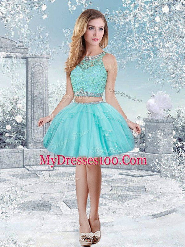 Floor Length Aqua Blue Quinceanera Gowns Tulle Sleeveless Lace and Sequins