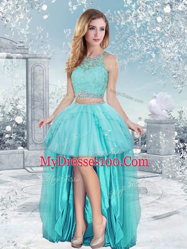 Floor Length Aqua Blue Quinceanera Gowns Tulle Sleeveless Lace and Sequins