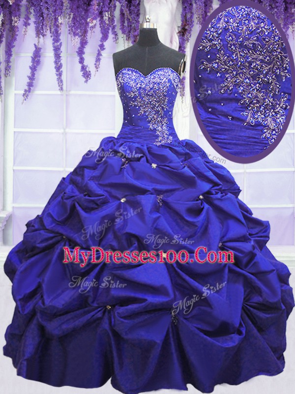 High Quality Sleeveless Taffeta Floor Length Lace Up Sweet 16 Quinceanera Dress in Navy Blue with Beading and Pick Ups