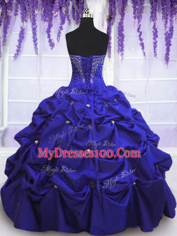 High Quality Sleeveless Taffeta Floor Length Lace Up Sweet 16 Quinceanera Dress in Navy Blue with Beading and Pick Ups