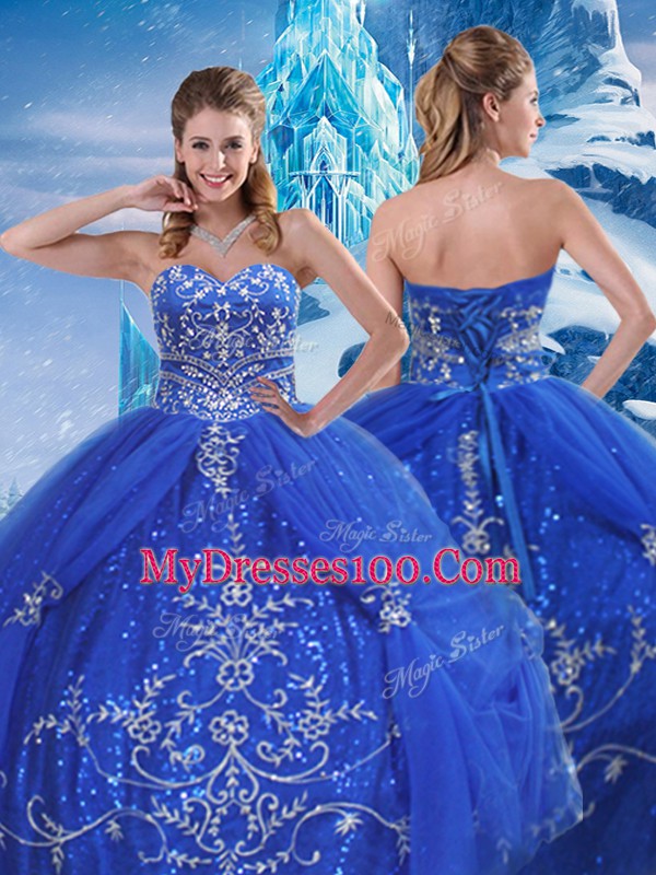 Blue Sleeveless Tulle Lace Up Vestidos de Quinceanera for Military Ball and Sweet 16 and Quinceanera