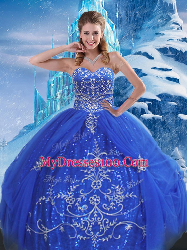 Blue Sleeveless Tulle Lace Up Vestidos de Quinceanera for Military Ball and Sweet 16 and Quinceanera