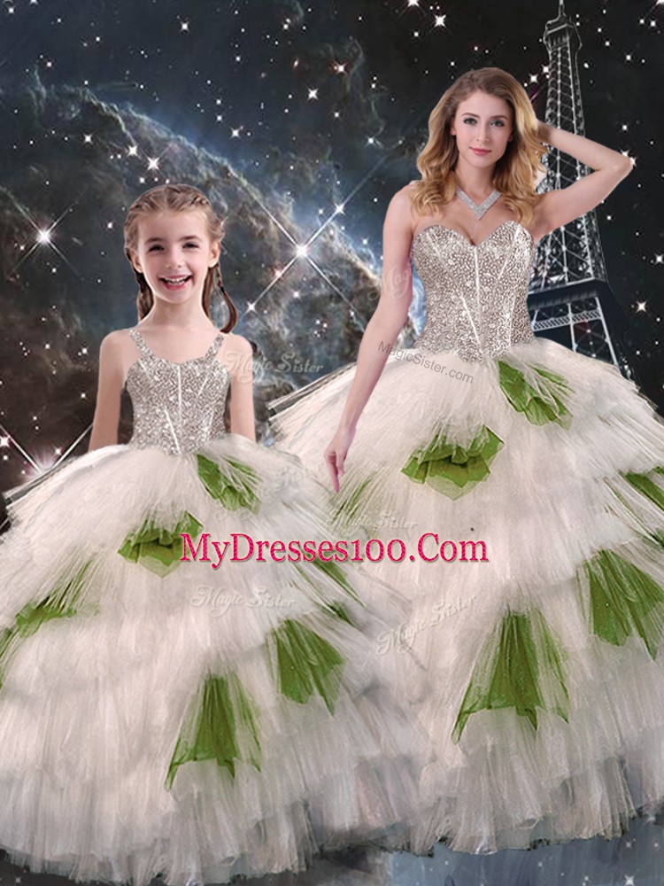 High End Organza Sleeveless Floor Length Quince Ball Gowns and Beading and Ruffled Layers