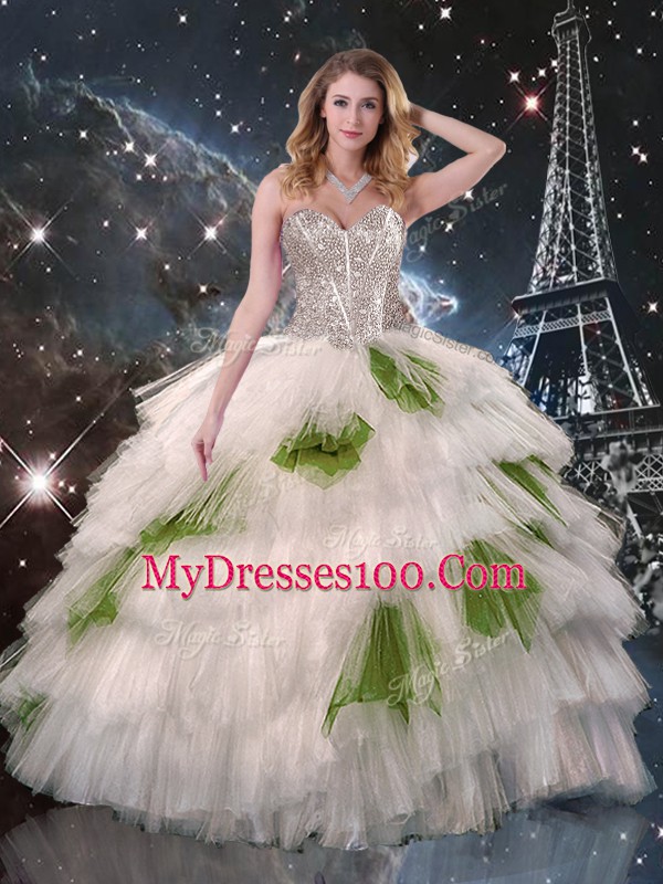 High End Organza Sleeveless Floor Length Quince Ball Gowns and Beading and Ruffled Layers