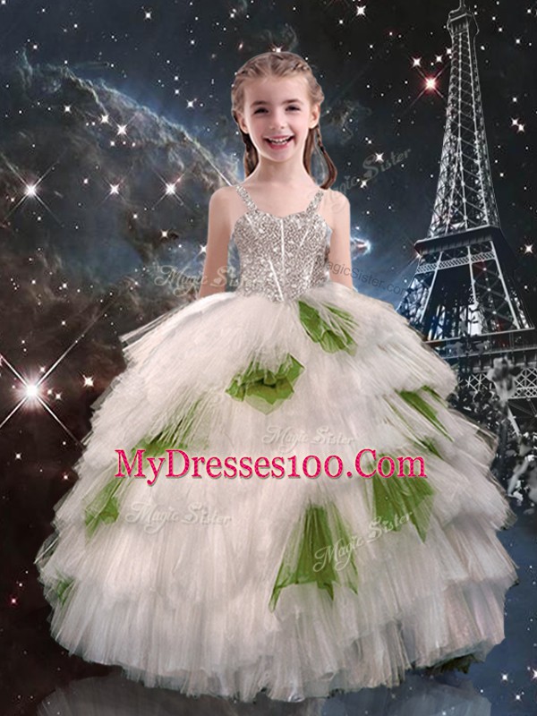 High End Organza Sleeveless Floor Length Quince Ball Gowns and Beading and Ruffled Layers