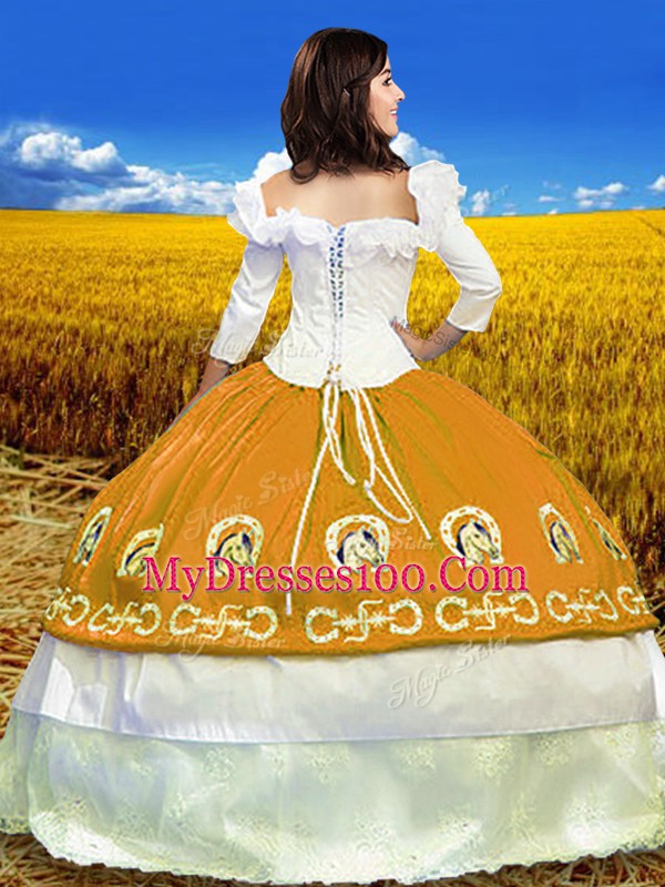Beauteous Embroidery 15th Birthday Dress Orange Lace Up 3 4 Length Sleeve Floor Length