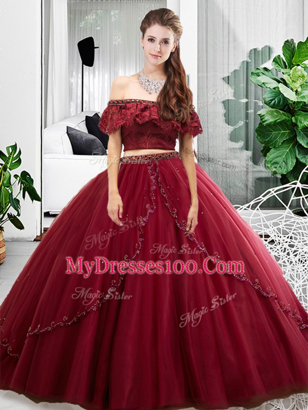 Sleeveless Floor Length Lace and Ruffles Lace Up Quince Ball Gowns with Burgundy