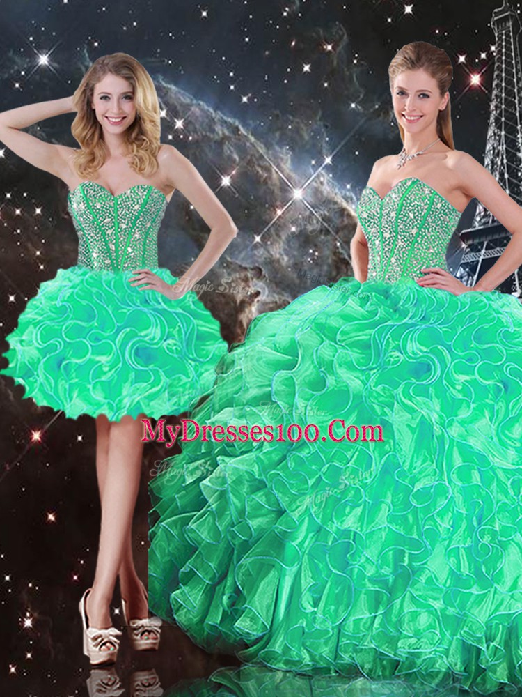 Noble Turquoise Ball Gowns Organza Sweetheart Sleeveless Beading and Ruffles Floor Length Lace Up Sweet 16 Dresses