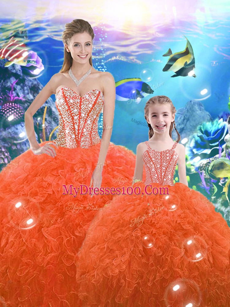 Perfect Sleeveless Floor Length Beading and Ruffles Lace Up Vestidos de Quinceanera with Orange Red