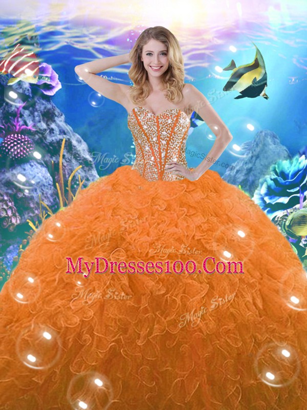 Perfect Sleeveless Floor Length Beading and Ruffles Lace Up Vestidos de Quinceanera with Orange Red