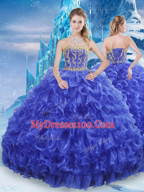 Noble Royal Blue Lace Up Strapless Beading and Appliques and Ruffles Quinceanera Dresses Organza Sleeveless