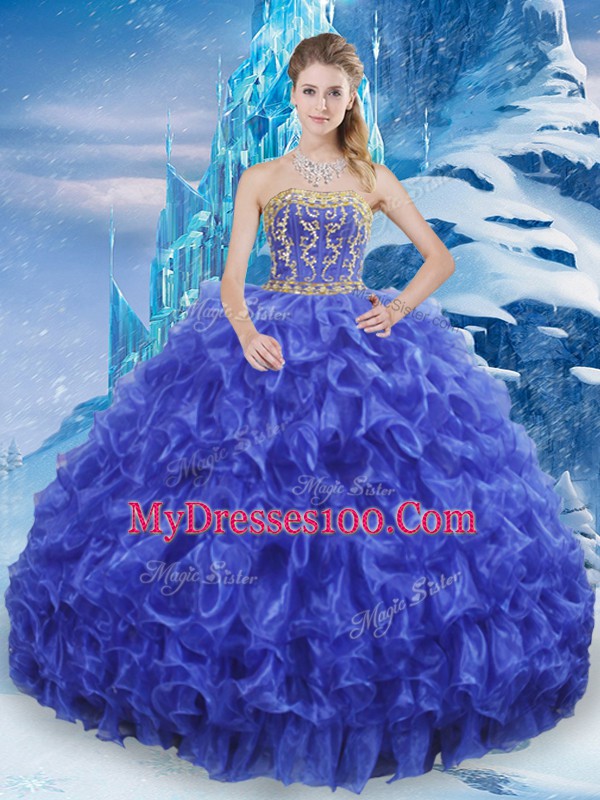 Noble Royal Blue Lace Up Strapless Beading and Appliques and Ruffles Quinceanera Dresses Organza Sleeveless