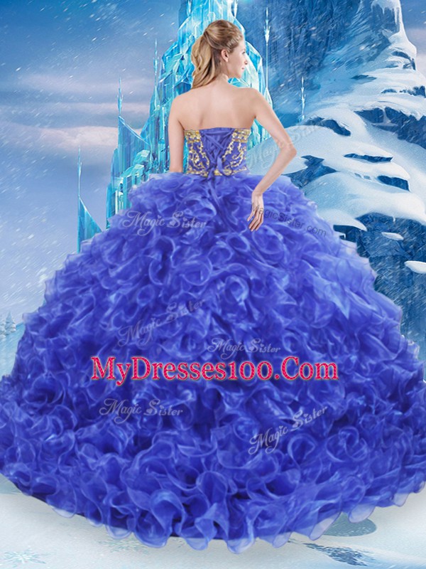 Noble Royal Blue Lace Up Strapless Beading and Appliques and Ruffles Quinceanera Dresses Organza Sleeveless