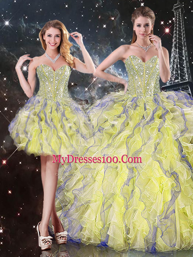 Super Yellow Sweetheart Neckline Beading and Ruffles Sweet 16 Dress Sleeveless Lace Up