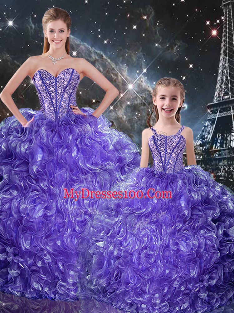 Noble Sweetheart Sleeveless 15 Quinceanera Dress Floor Length Beading and Ruffles Purple Organza
