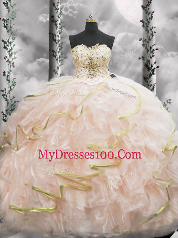 Peach Quinceanera Dress Sweetheart Sleeveless Brush Train Lace Up