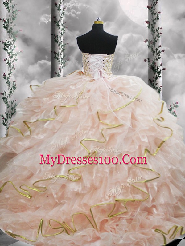 Peach Quinceanera Dress Sweetheart Sleeveless Brush Train Lace Up