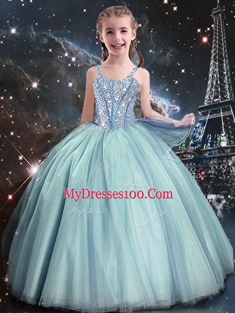 Teal Sleeveless Beading Floor Length Little Girls Pageant Dress