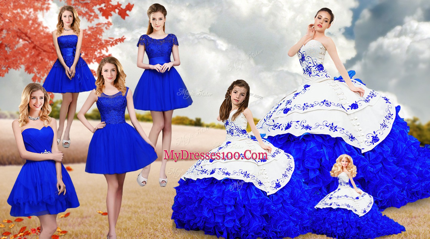 Strapless Sleeveless Vestidos de Quinceanera Brush Train Embroidery and Ruffles Royal Blue Organza