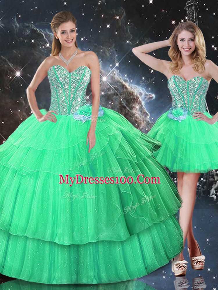 Apple Green Organza Lace Up Sweetheart Sleeveless Floor Length Ball Gown Prom Dress Ruffled Layers and Sequins