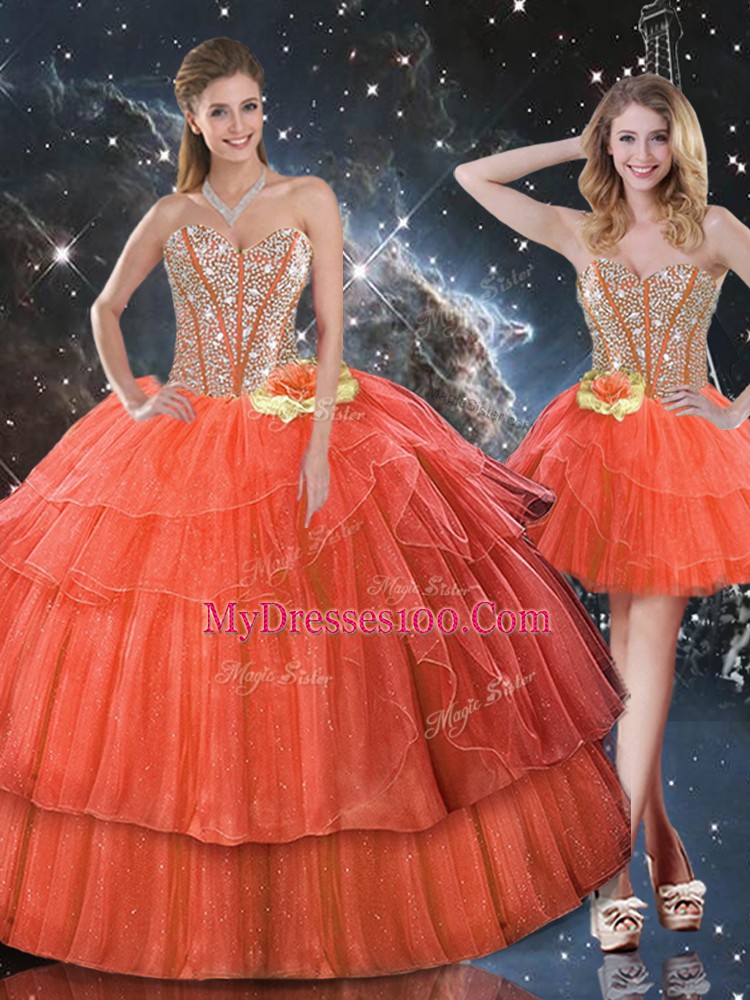 Rust Red Ball Gowns Sweetheart Sleeveless Organza Floor Length Lace Up Ruffled Layers and Sequins Quinceanera Gown