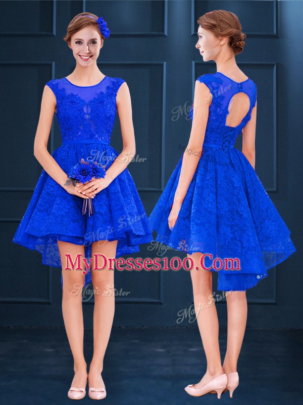 Exceptional Royal Blue Sleeveless High Low Lace and Belt Lace Up Bridesmaid Gown
