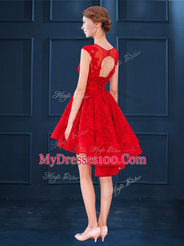 Exceptional Royal Blue Sleeveless High Low Lace and Belt Lace Up Bridesmaid Gown