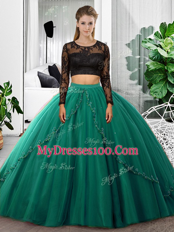 Affordable Long Sleeves Floor Length Lace and Ruching Backless Sweet 16 Dress with Dark Green