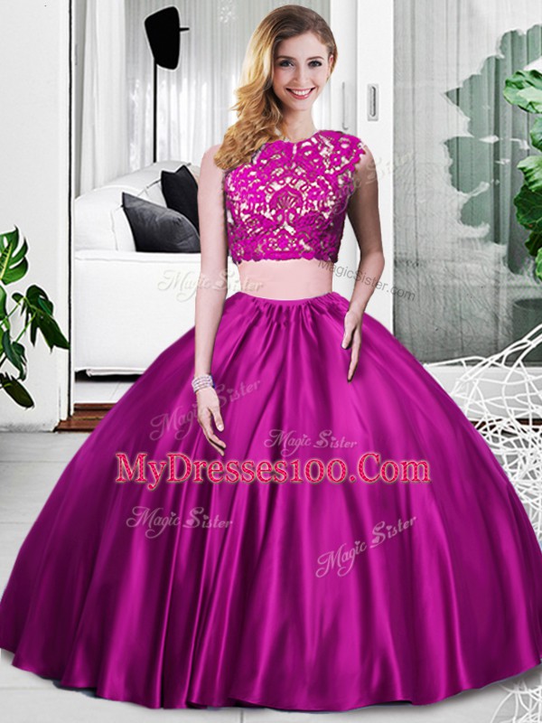 Inexpensive Fuchsia Zipper Sweet 16 Dresses Lace and Ruching Sleeveless Floor Length
