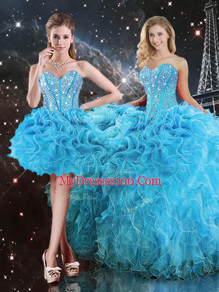 Extravagant Aqua Blue Lace Up Ball Gown Prom Dress Beading and Ruffles Sleeveless Floor Length