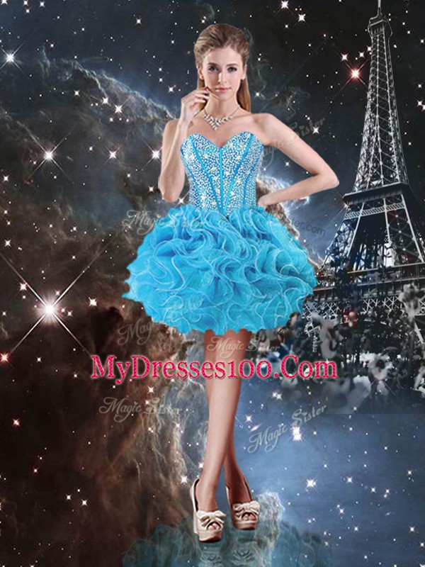Extravagant Aqua Blue Lace Up Ball Gown Prom Dress Beading and Ruffles Sleeveless Floor Length