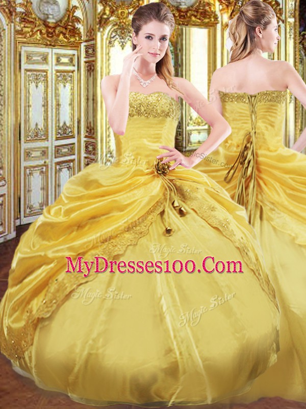 Fine Gold Sleeveless Taffeta Lace Up Sweet 16 Quinceanera Dress for Military Ball and Sweet 16 and Quinceanera