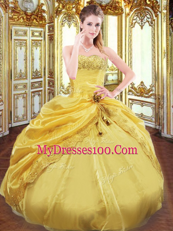Fine Gold Sleeveless Taffeta Lace Up Sweet 16 Quinceanera Dress for Military Ball and Sweet 16 and Quinceanera