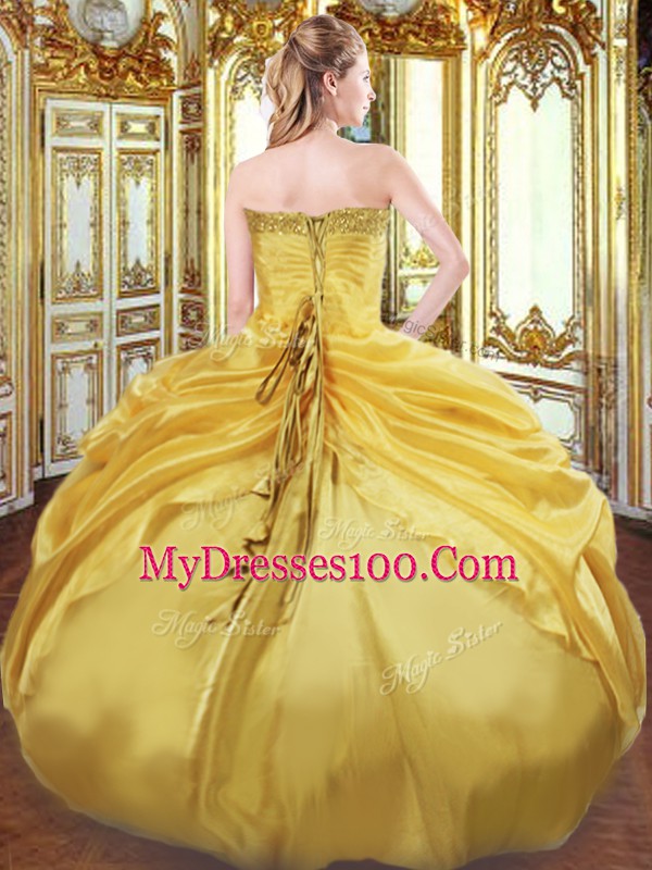Fine Gold Sleeveless Taffeta Lace Up Sweet 16 Quinceanera Dress for Military Ball and Sweet 16 and Quinceanera