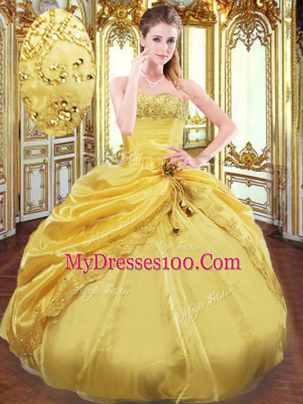 Fine Gold Sleeveless Taffeta Lace Up Sweet 16 Quinceanera Dress for Military Ball and Sweet 16 and Quinceanera