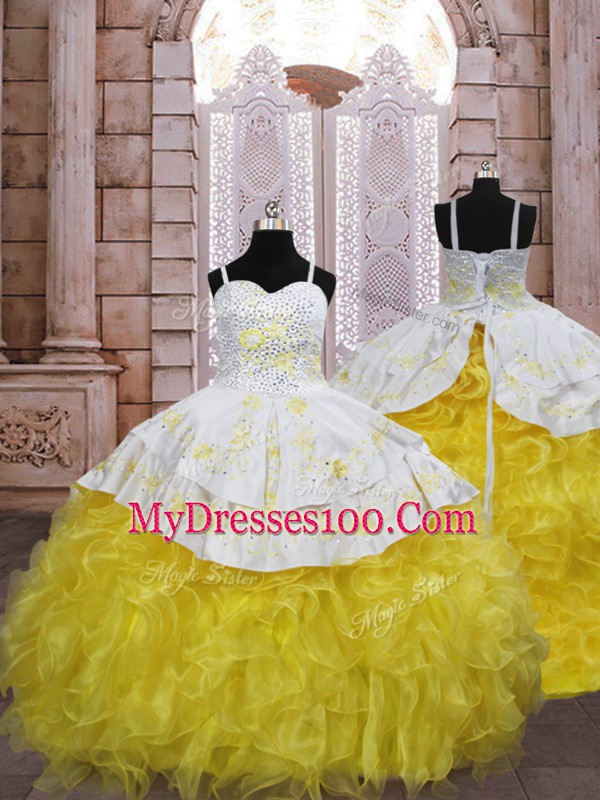 Top Selling Gold Organza Lace Up Kids Pageant Dress Sleeveless Brush Train Embroidery and Ruffles