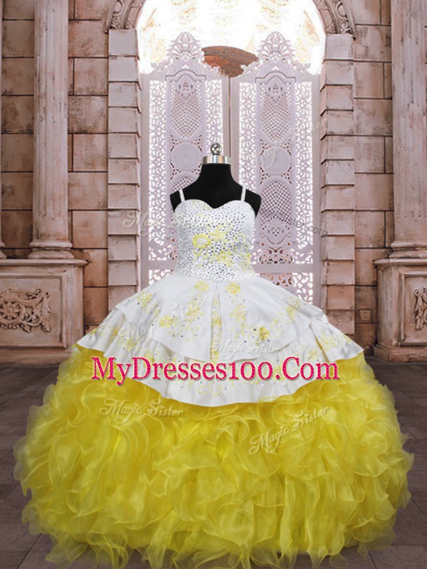Top Selling Gold Organza Lace Up Kids Pageant Dress Sleeveless Brush Train Embroidery and Ruffles
