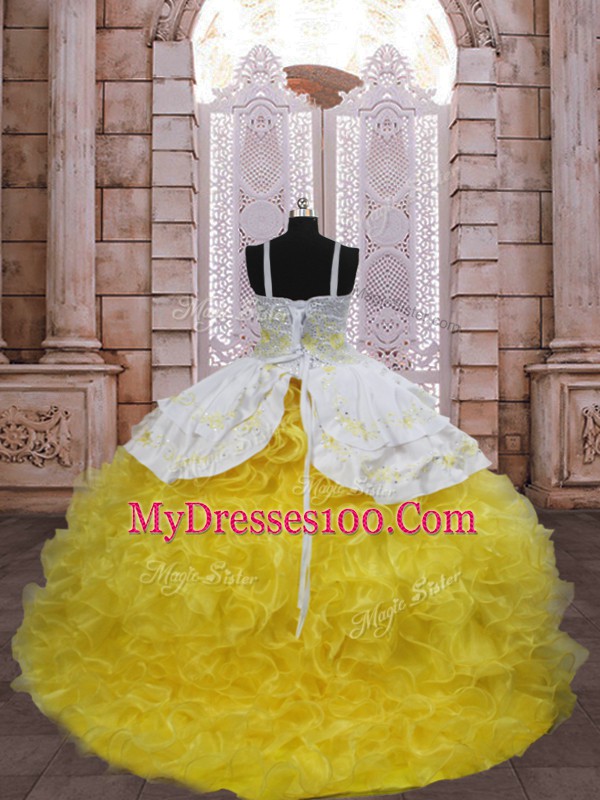 Top Selling Gold Organza Lace Up Kids Pageant Dress Sleeveless Brush Train Embroidery and Ruffles