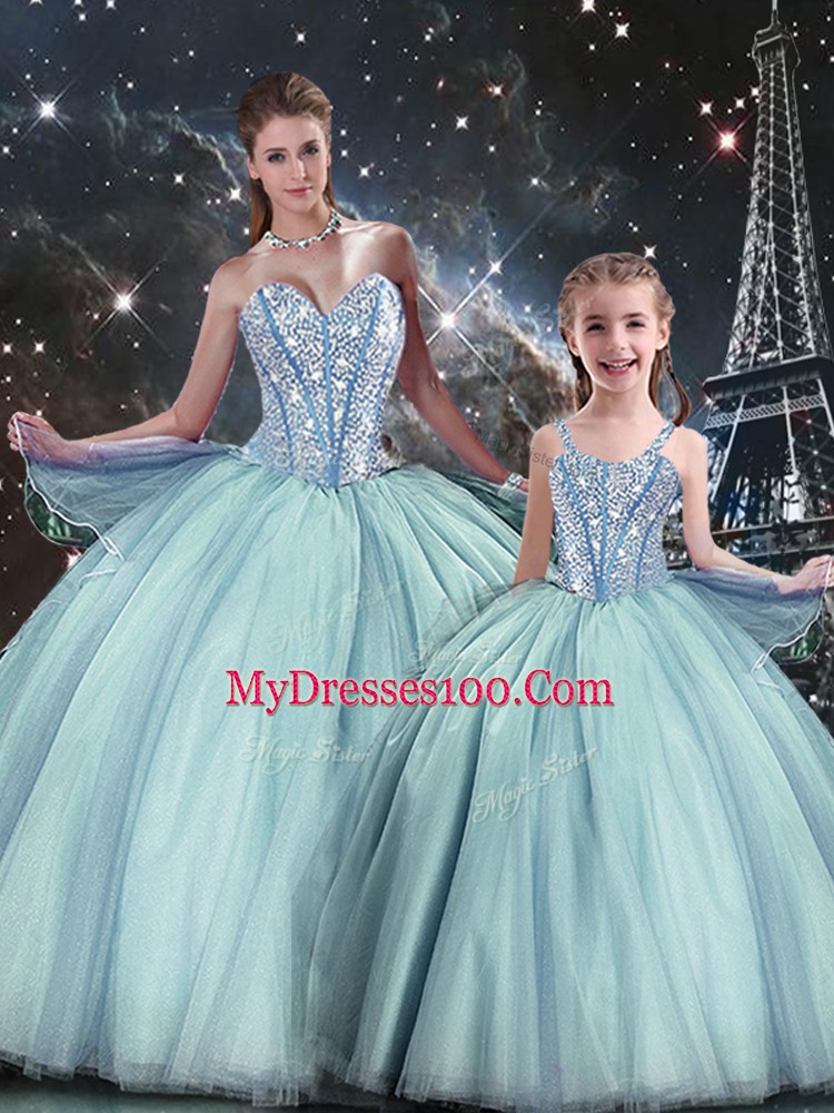 Stylish Light Blue Ball Gowns Beading Quince Ball Gowns Lace Up Tulle Sleeveless Floor Length