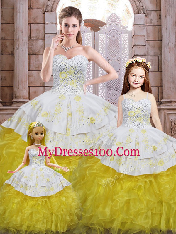 Spectacular Yellow And White Sleeveless Organza Lace Up 15th Birthday Dress for Military Ball and Sweet 16 and Quinceanera