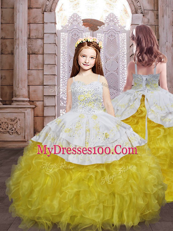 Spectacular Yellow And White Sleeveless Organza Lace Up 15th Birthday Dress for Military Ball and Sweet 16 and Quinceanera
