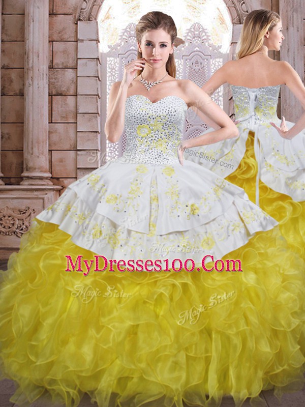Spectacular Yellow And White Sleeveless Organza Lace Up 15th Birthday Dress for Military Ball and Sweet 16 and Quinceanera