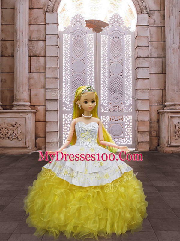 Spectacular Yellow And White Sleeveless Organza Lace Up 15th Birthday Dress for Military Ball and Sweet 16 and Quinceanera