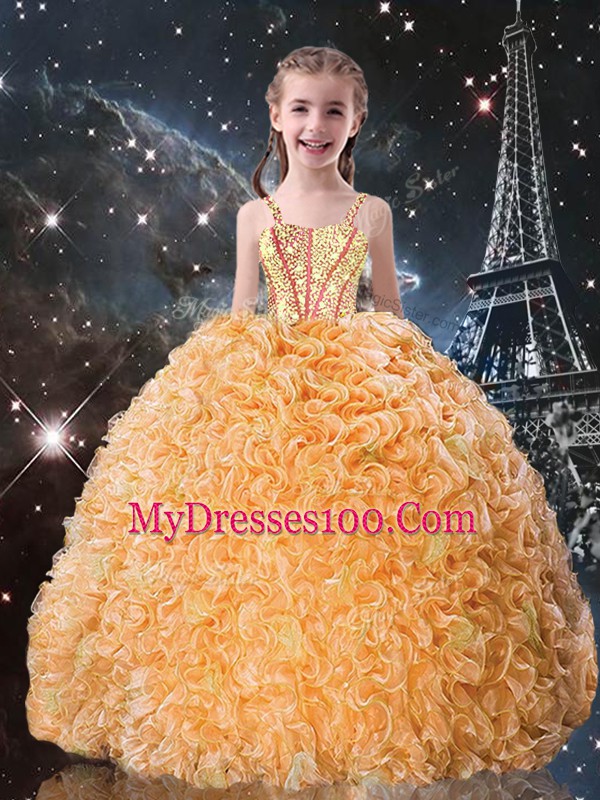 Gold Sleeveless Floor Length Beading and Ruffles Lace Up Kids Pageant Dress