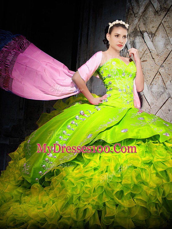 Traditional Sweetheart Sleeveless Quinceanera Gown Brush Train Embroidery and Ruffles Yellow Green Organza