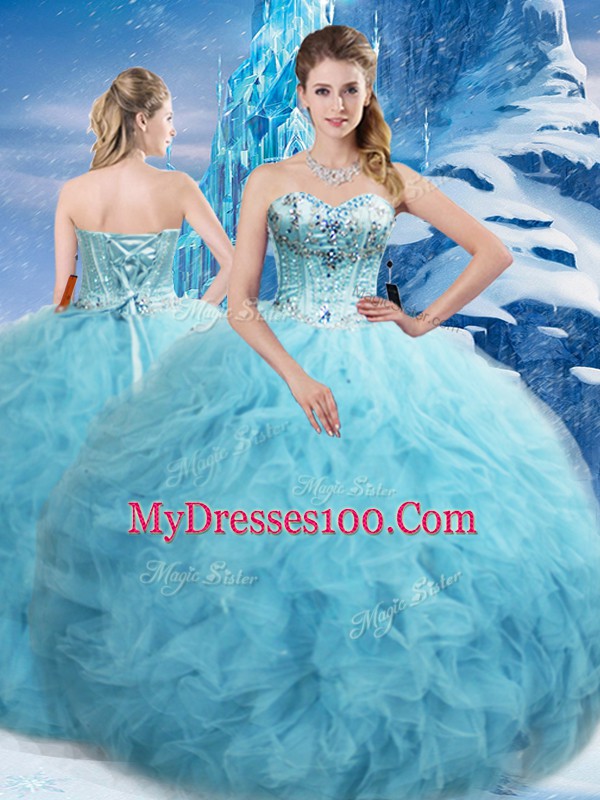 Luxury Sweetheart Sleeveless Sweet 16 Quinceanera Dress Floor Length Beading and Pick Ups Aqua Blue Tulle