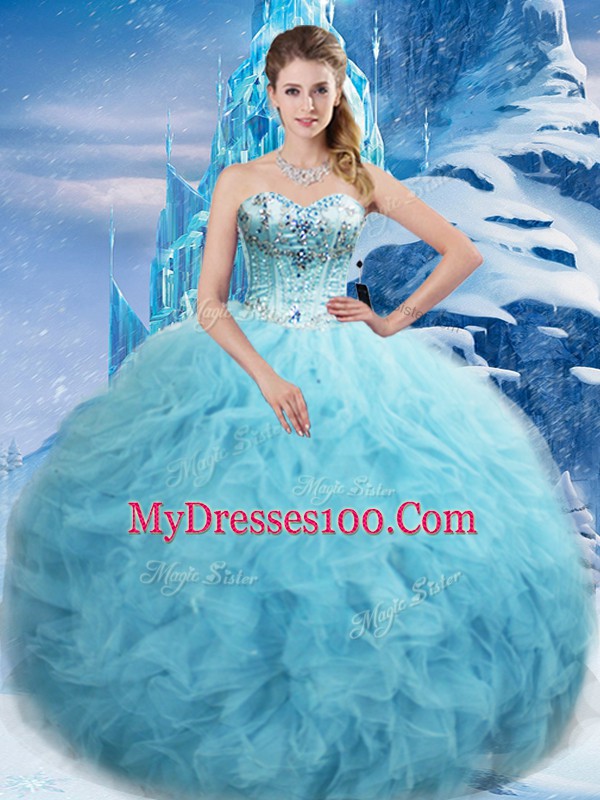 Luxury Sweetheart Sleeveless Sweet 16 Quinceanera Dress Floor Length Beading and Pick Ups Aqua Blue Tulle