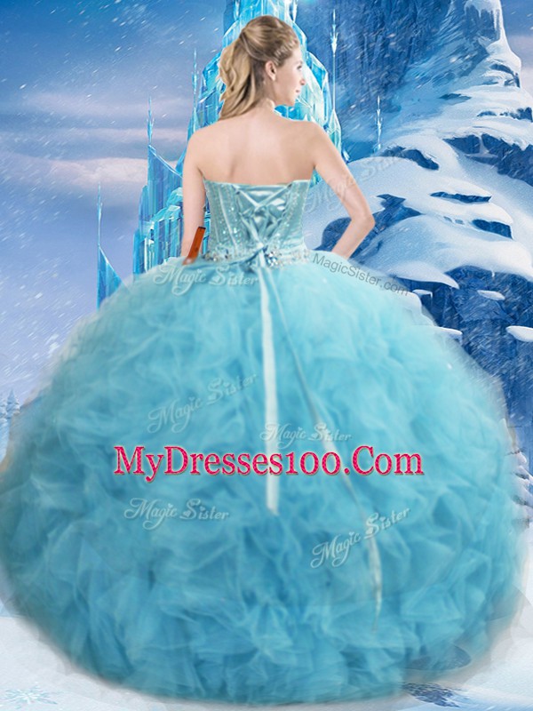 Luxury Sweetheart Sleeveless Sweet 16 Quinceanera Dress Floor Length Beading and Pick Ups Aqua Blue Tulle